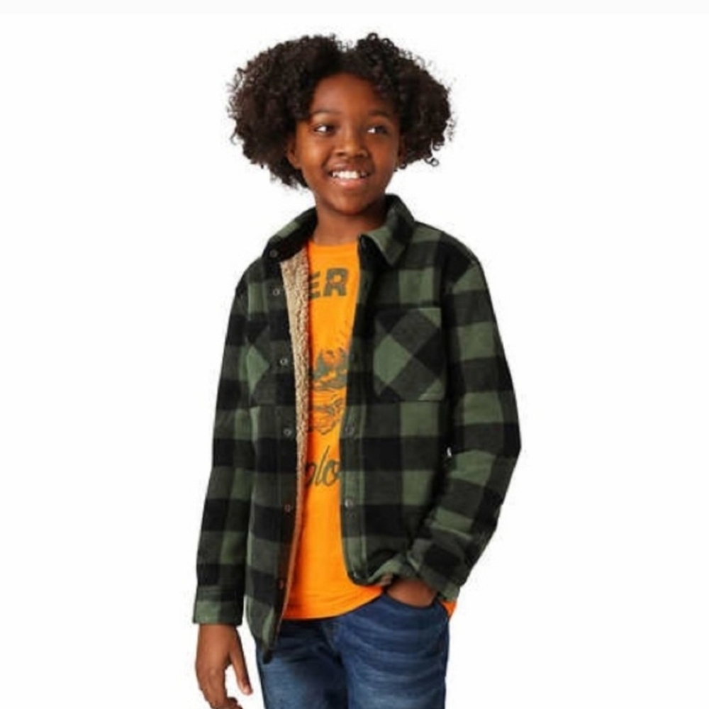 Weatherproof Vintage Boys L Green Black Plaid Sherpa Lined Shirt Jacket Shacket